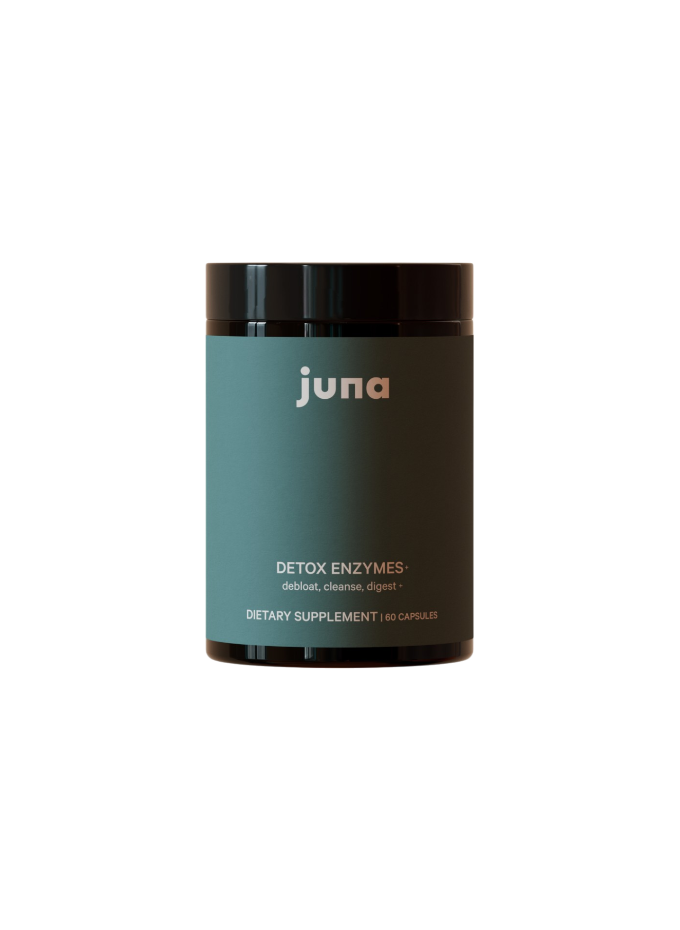 A dark green Juna bottle labeled "Detox Digestive Enzymes" with "de-bloat, cleanse, digest," and "60 capsules" on the front. Contains digestive enzymes to support gut health. The background is plain black.