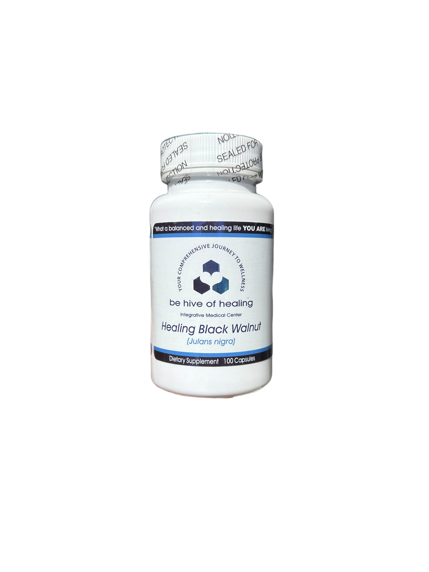 A white bottle labeled "Be Hive of Healing Wellness Store" and "Healing Black Walnut - Intestinal Support and Anti-Parasite Supplement" natural solution dietary supplement with 100 capsules. The bottle features a white cap with a protective seal, and the label includes blue and black text alongside a hexagonal logo.