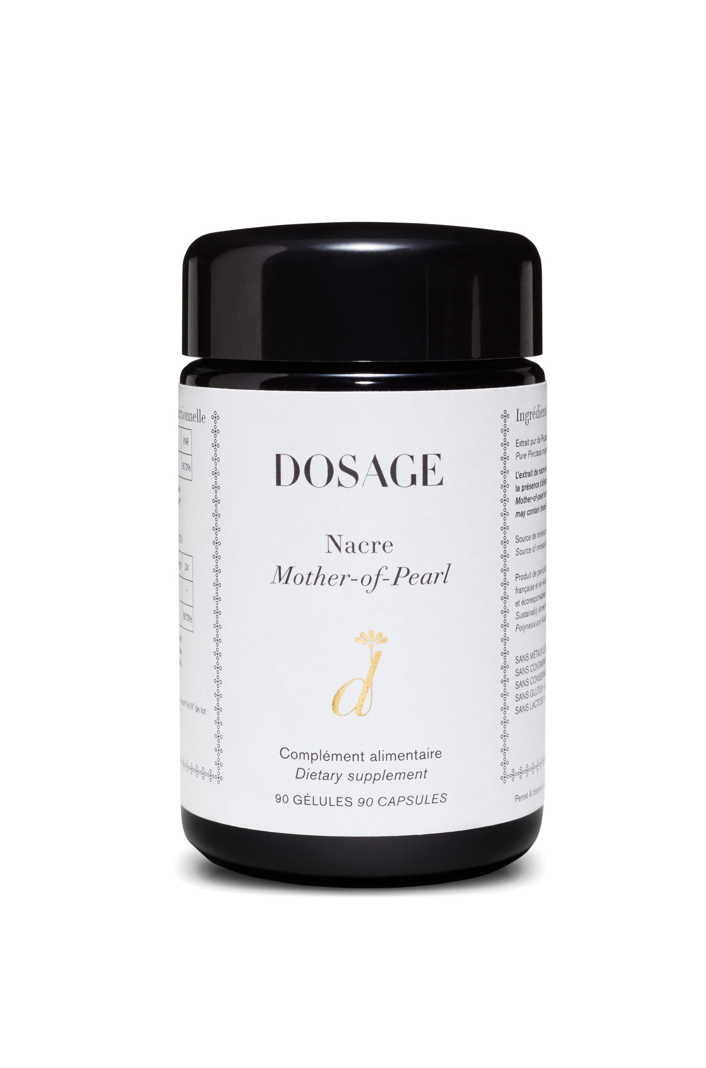 A container labeled "DOSAGE" stands against a white background, prominently featuring the product name "Mother-of-Pearl." The label highlights the main ingredient, Nacre Mother-of-Pearl Extract, renowned for its antioxidant properties and skin moisturization benefits. This dietary supplement contains 90 capsules and is designed with minimalistic graphics and essential text.