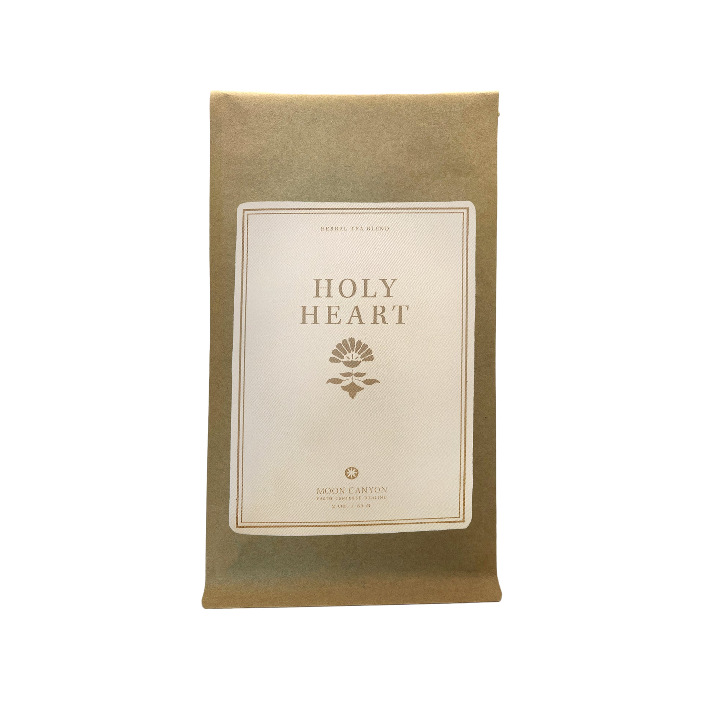 A brown paper pouch with a minimalist and elegant design features a white label at its center. The label prominently displays "Holy Heart Tea Blend" in bold letters, with “Herbal Tea Blend” elegantly printed above it. Below, the small logo reads “Moon Canyon Healing” along with additional text.