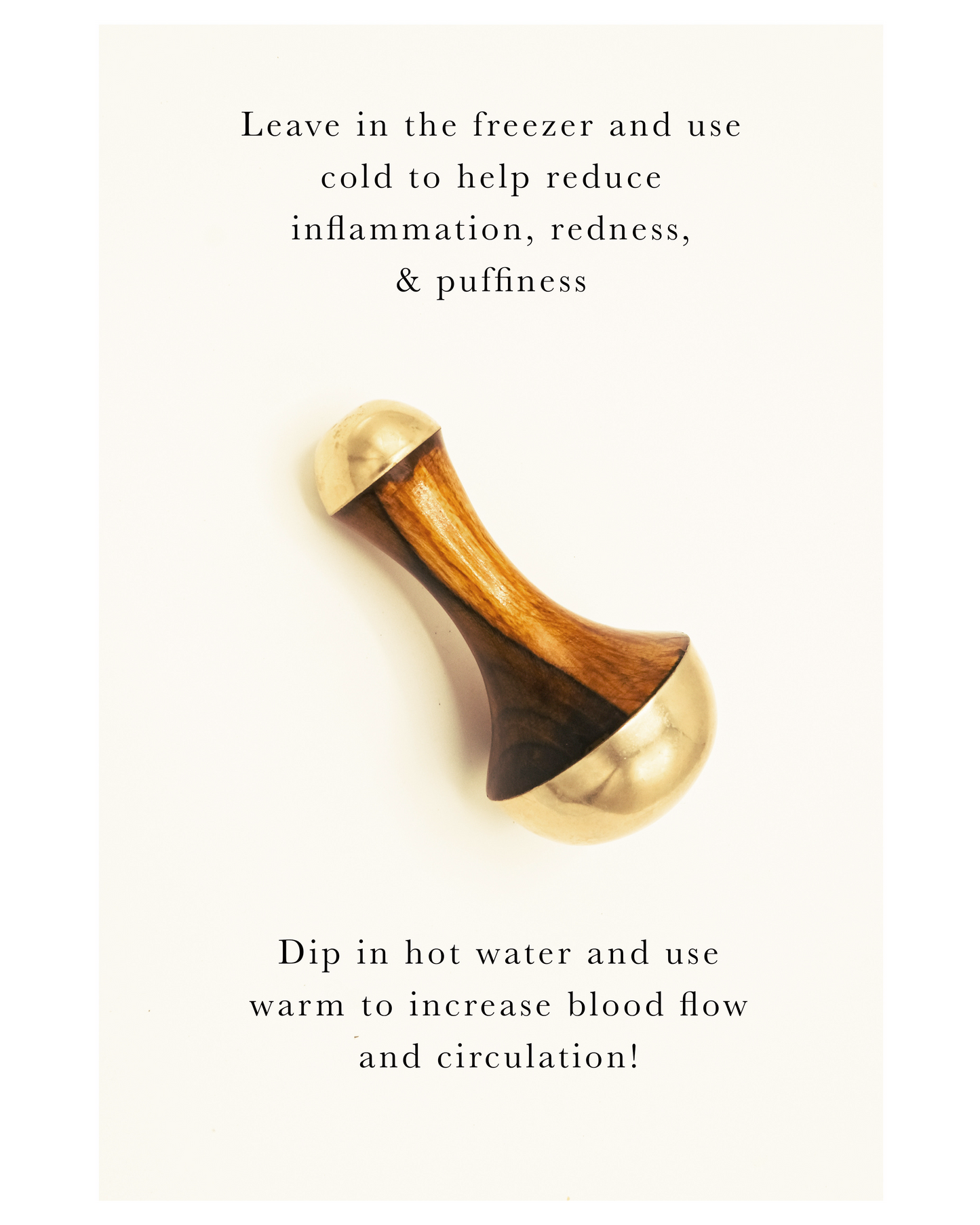 The Surya Kansa Wand, a wooden massage tool featuring skin healing metal ends, is displayed against a white background. The text advises freezing it to reduce inflammation, redness, and puffiness or heating it to enhance blood flow and circulation. It serves as the perfect Ayurvedic skincare tool.