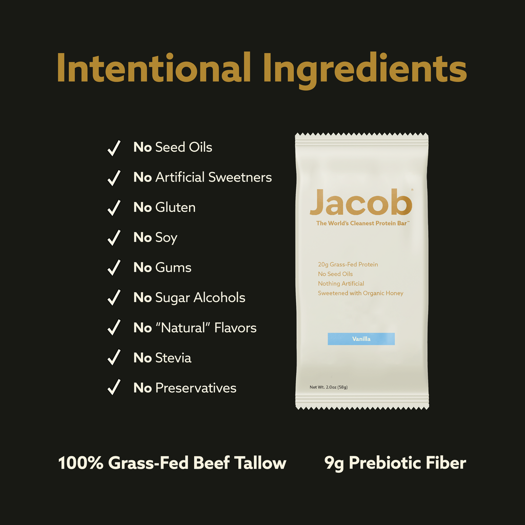 The Jacob Bar by Jacob is a grass-fed protein bar made with beef tallow and prebiotic fiber, featuring no seed oils, artificial sweeteners, gluten, soy, gums, sugar alcohols, or stevia. Intentional ingredients are displayed.