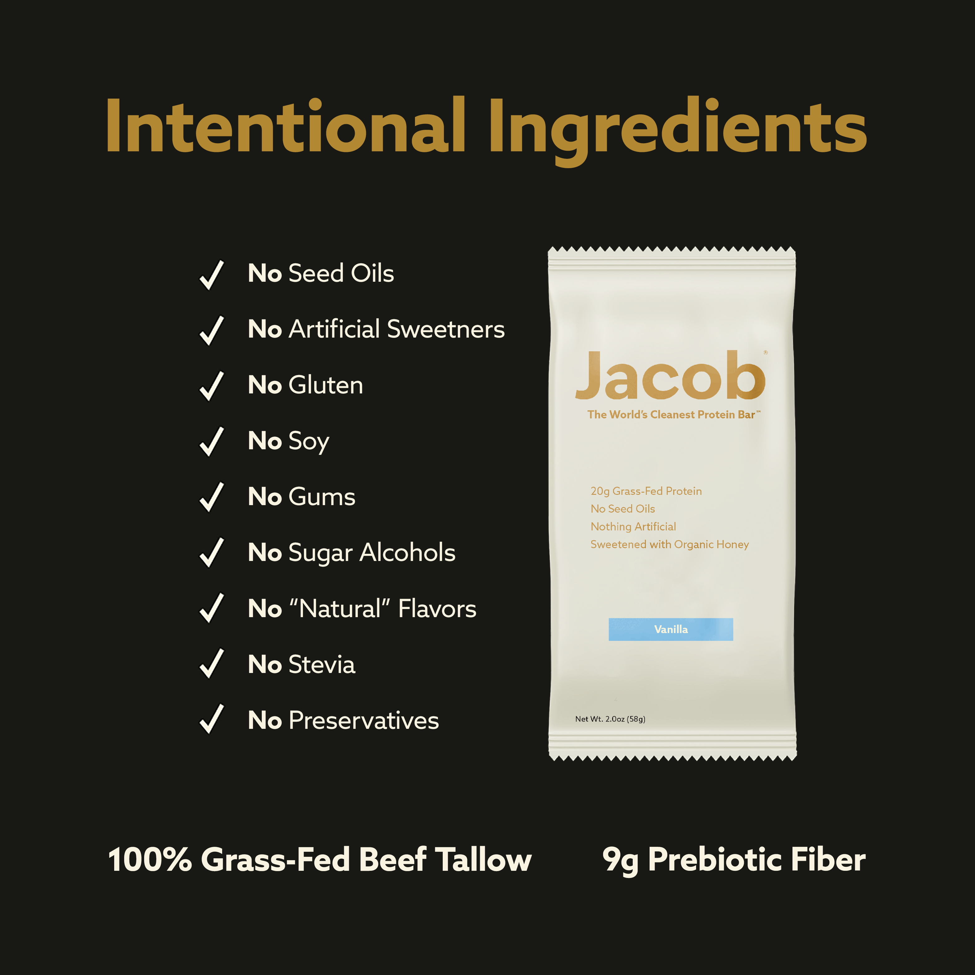 The Jacob Bar by Jacob is a grass-fed protein bar made with beef tallow and prebiotic fiber, featuring no seed oils, artificial sweeteners, gluten, soy, gums, sugar alcohols, or stevia. Intentional ingredients are displayed.