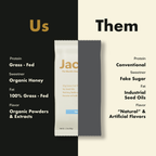 Jacob's The Jacob Bar—a grass-fed protein bar with collagen—is centered between two split backgrounds: "Us" highlights grass-fed protein and organic honey, while "Them" features conventional protein and fake sugar.