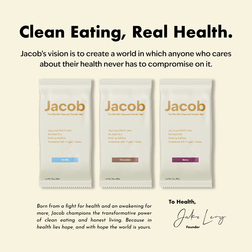 Three packages of The Jacob Bar by Jacob, in Vanilla, Chocolate, and Berry, are shown above text about clean eating and healthy living. Jake Levy, Founder, signs at the bottom right.