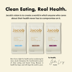 Three packages of The Jacob Bar by Jacob, in Vanilla, Chocolate, and Berry, are shown above text about clean eating and healthy living. Jake Levy, Founder, signs at the bottom right.