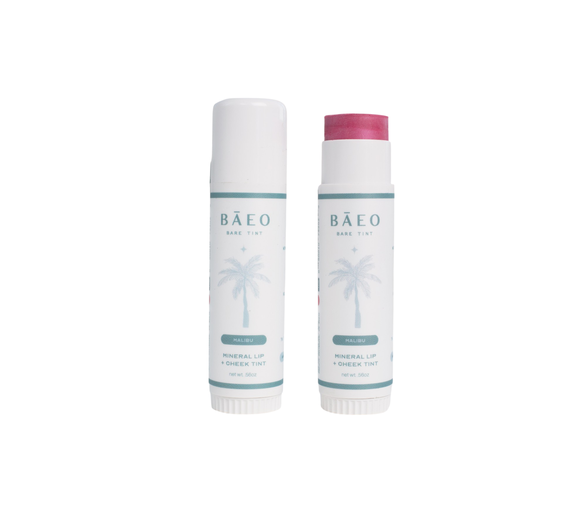 Two tubes of bāeo bare tint 'malibu' Mineral Lip & Cheek Tint; one open to reveal a pink shade. Both have white packaging with a light blue palm tree, representing their plant-based formula.