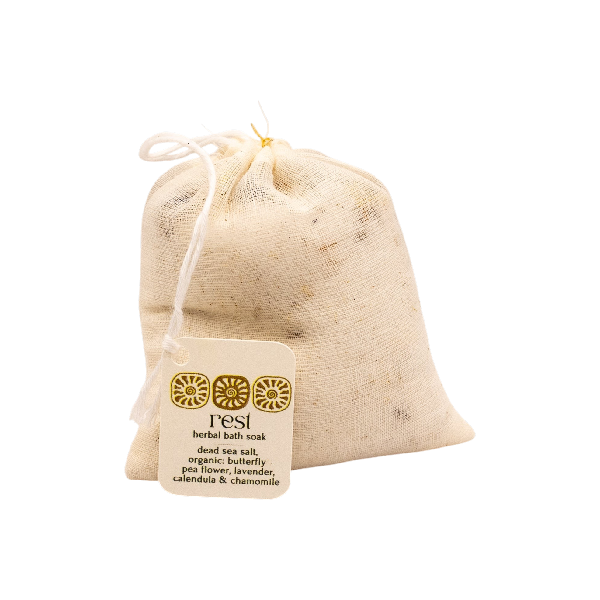 The "rest bath soak" by Honeybee Hippie is a small muslin drawstring bag featuring Dead Sea salt and botanicals like butterfly pea flower, lavender, calendula, and chamomile—a treat for botanical skincare lovers.
