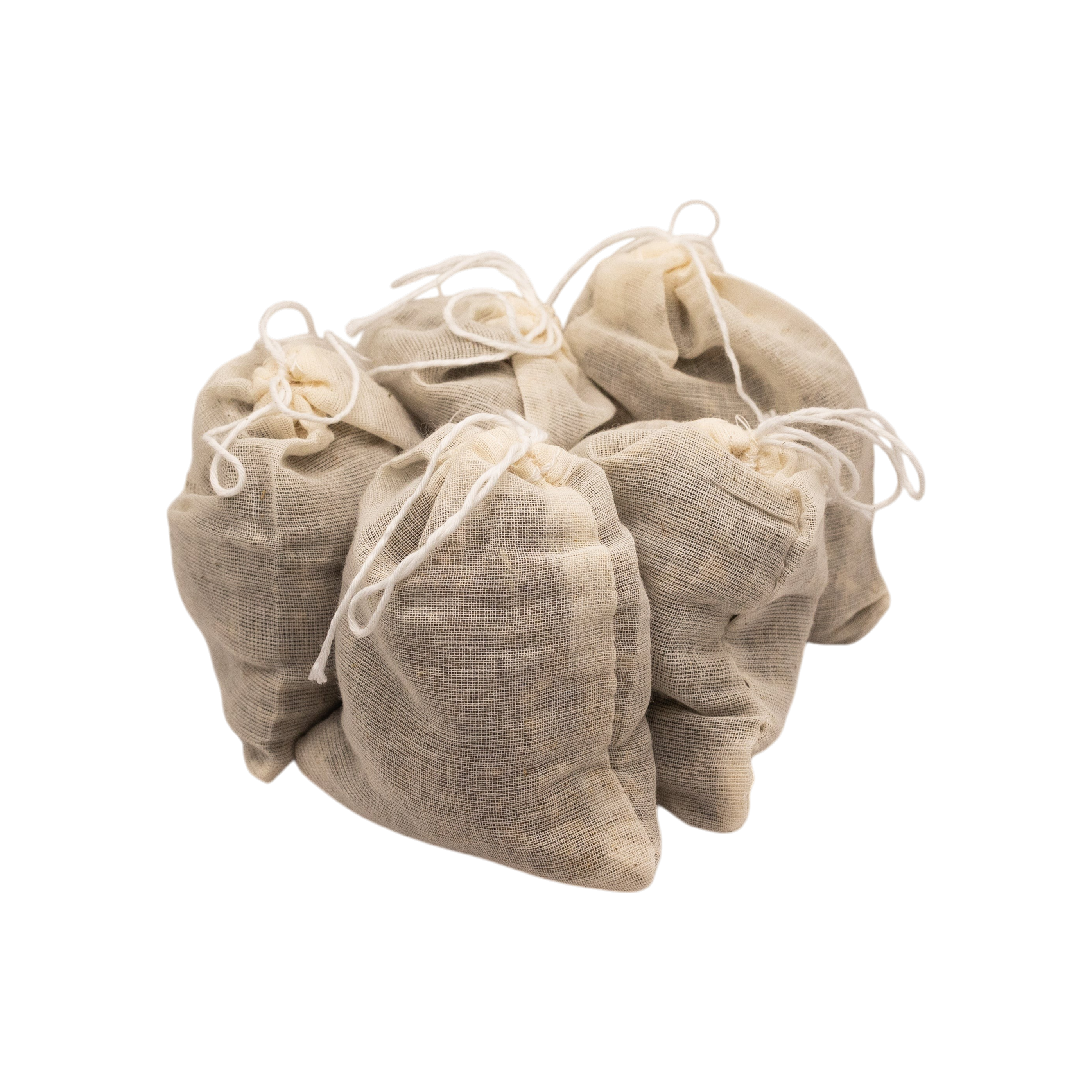 Four small beige muslin drawstring bags of Honeybee Hippie postpartum herbal sitz bath are grouped against a white background. Perfect for postpartum recovery, each bag contains a soothing herbal blend.