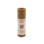 A Honeybee Hippie vanilla & chamomile tallow lip butter stands upright on a white background, displaying a simple label. This nourishing lip balm moisturizes for soft, healthy lips.