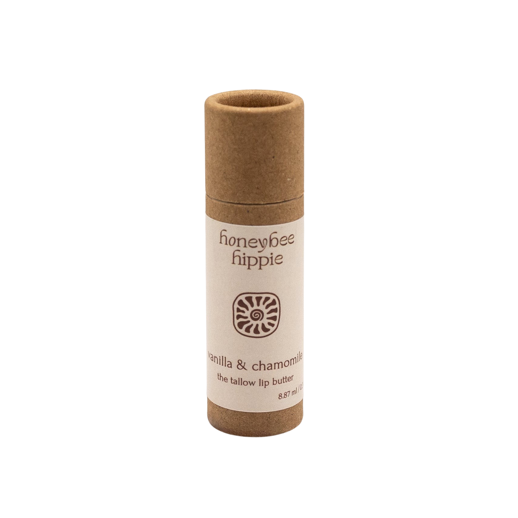 A Honeybee Hippie vanilla & chamomile tallow lip butter stands upright on a white background, displaying a simple label. This nourishing lip balm moisturizes for soft, healthy lips.