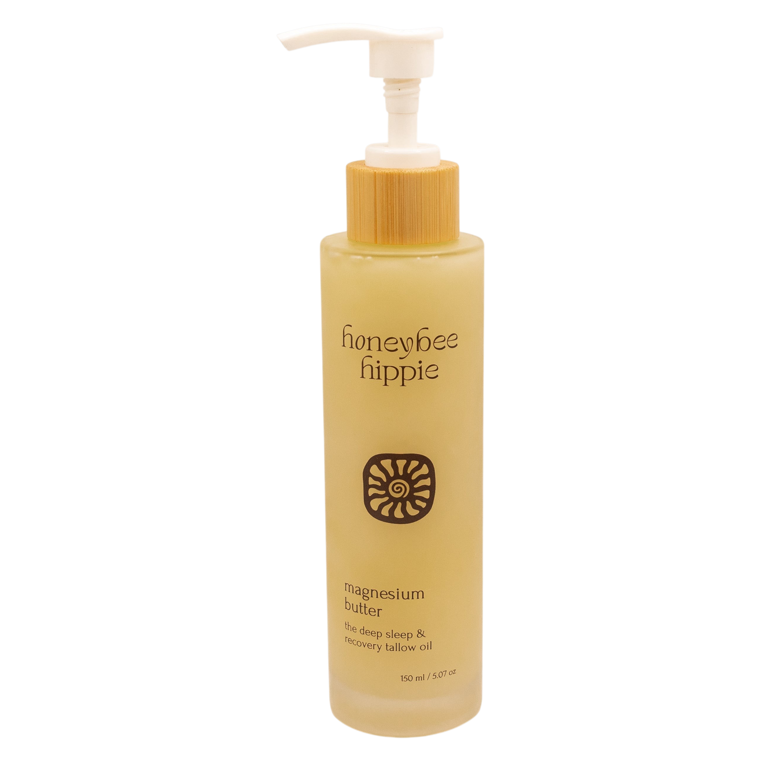 A 150 ml bottle of Honeybee Hippie magnesium butter with a pump, featuring a sun label and containing magnesium chloride for deep sleep and recovery.