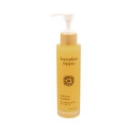 A 150 ml yellow bottle of Honeybee Hippie California Sunshine skin nourishing oil with a white pump, bamboo accent, and label featuring blue orange & jasmine, grass-fed suet tallow, and organic jojoba oil.