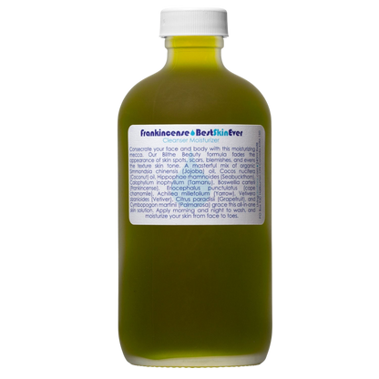 A green bottle labeled "Best Skin Ever Cleanser- Frankincense" by Living Libations contains a cleanser, exfoliator, and moisturizer. The label details ingredients and usage for face and body, noting its calming effect on acne redness. Topped with a white cap, the label text is in shades of green and blue.