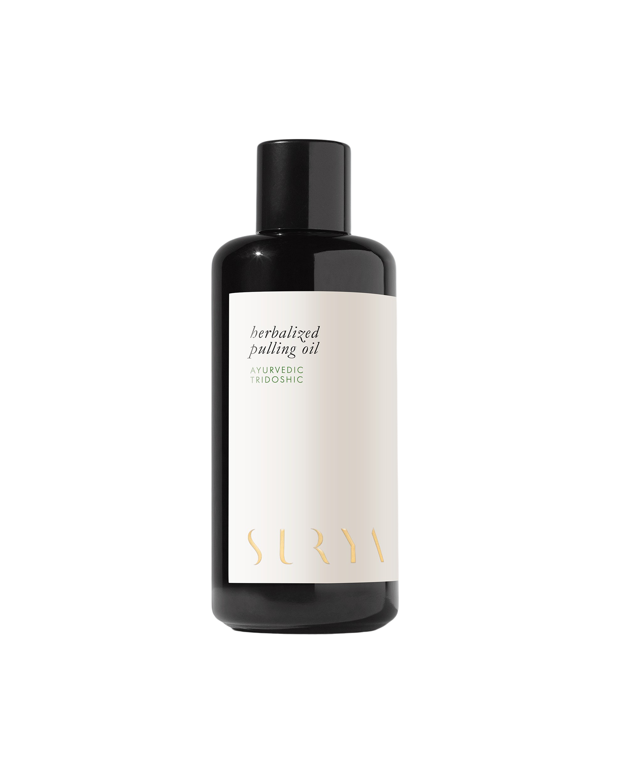 A black bottle labeled "Herbalized Pulling Oil" by Surya, featuring a white label with ayurvedic and tridoshic details, is displayed against a plain white background.