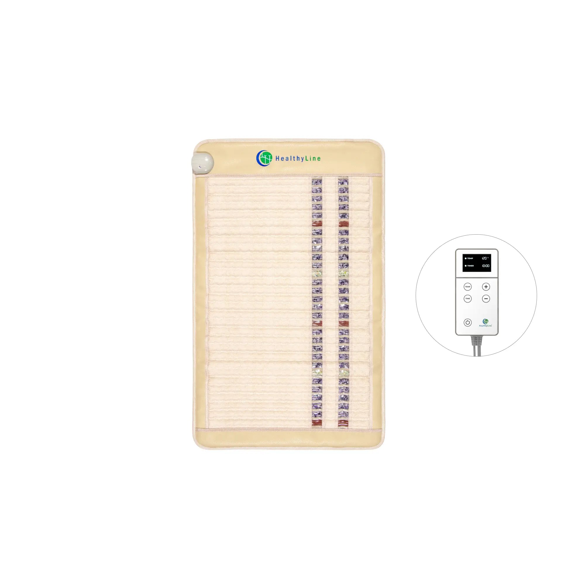 A SOFT Series beige rectangular Far Infrared Heating Mat by HealthyLine, featuring a strip of Amethyst Jade Tourmaline stones, is pictured beside a round inset of its digital control panel with buttons and display.