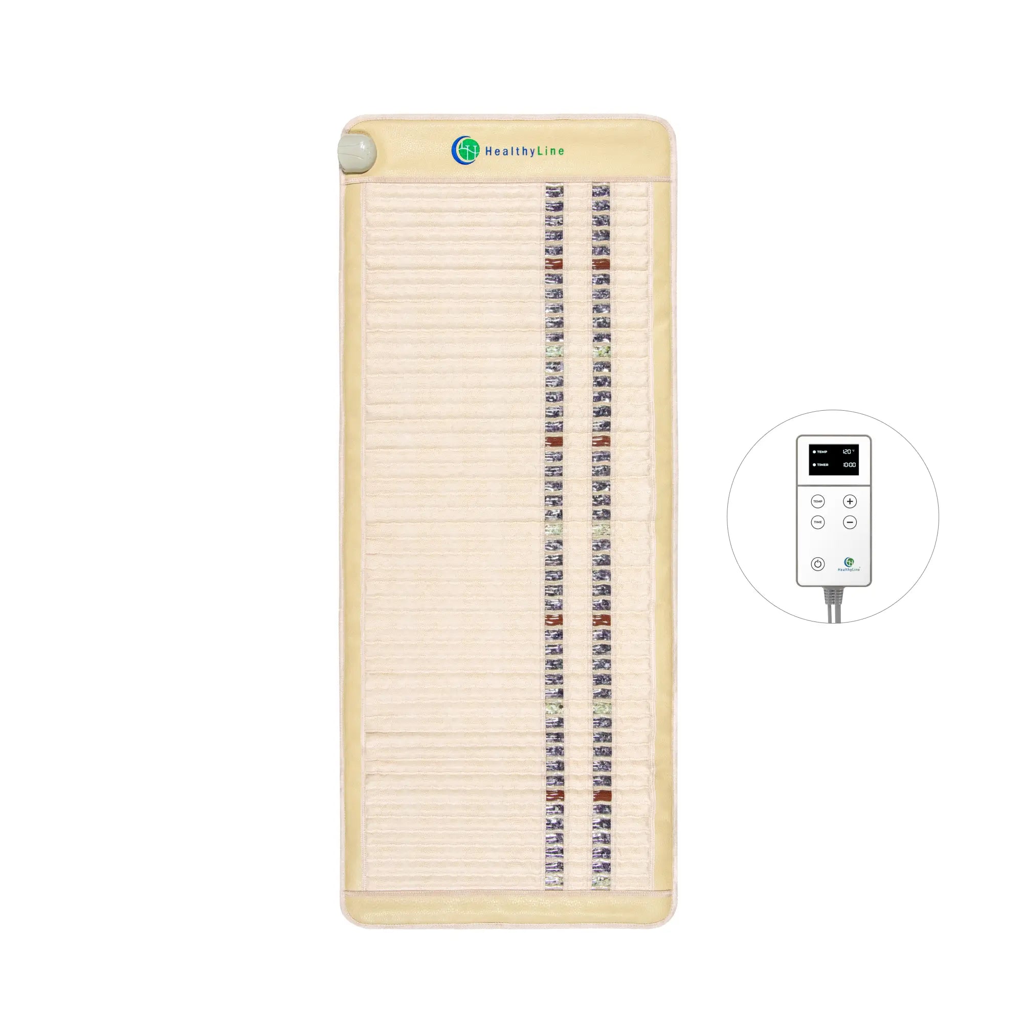 The HealthyLine SOFT Series Far Infrared Heating Mat is beige, rectangular, and features two vertical rows of embedded amethyst, jade, and tourmaline stones. It's shown with a digital control panel with buttons and a display screen.