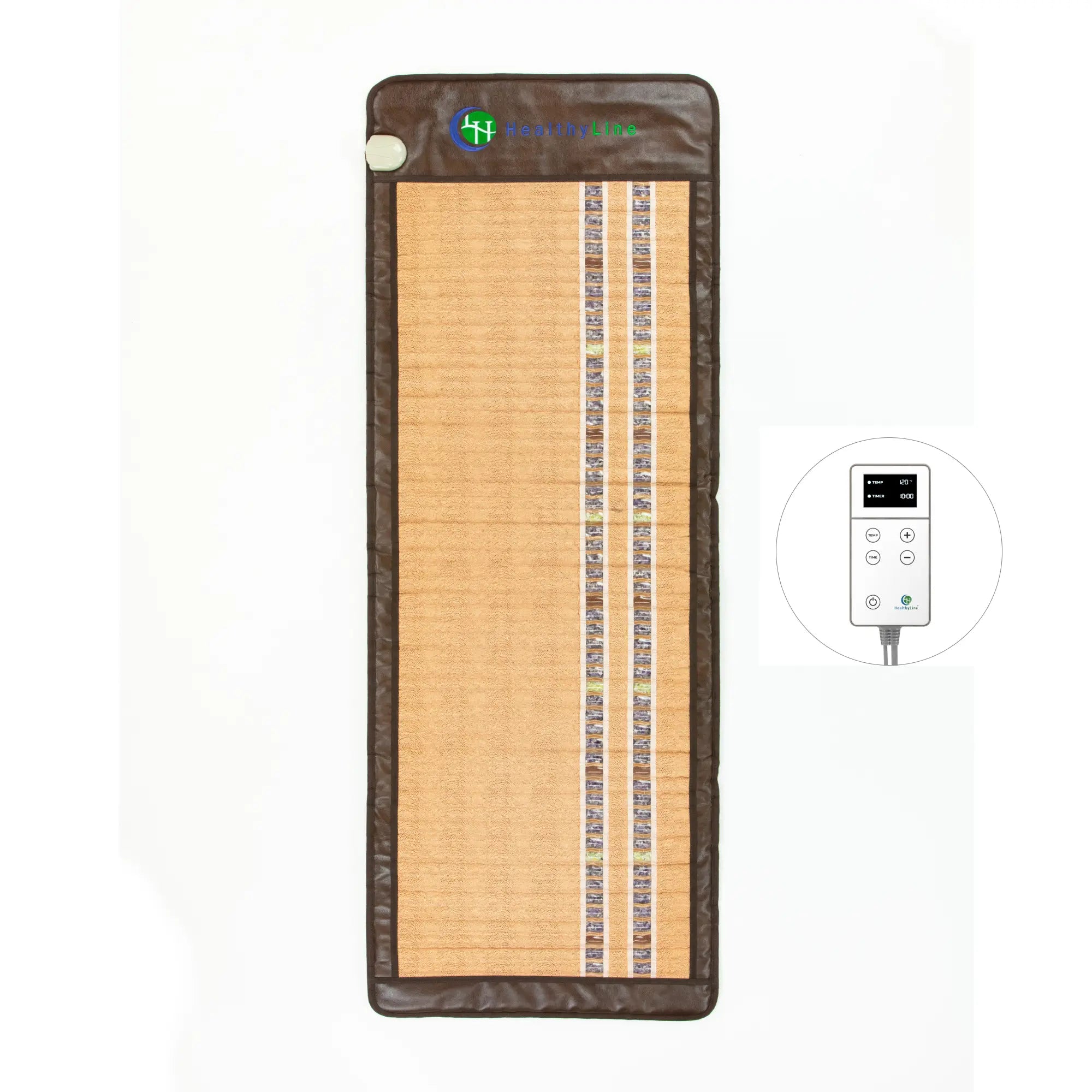The SOFT Series | Far Infrared Heating Mat by HealthyLine is a rectangular brown mat with three lighter vertical stripes, includes a digital remote for temperature and timer control, and features Amethyst, Jade, and Tourmaline stones for enhanced wellness.