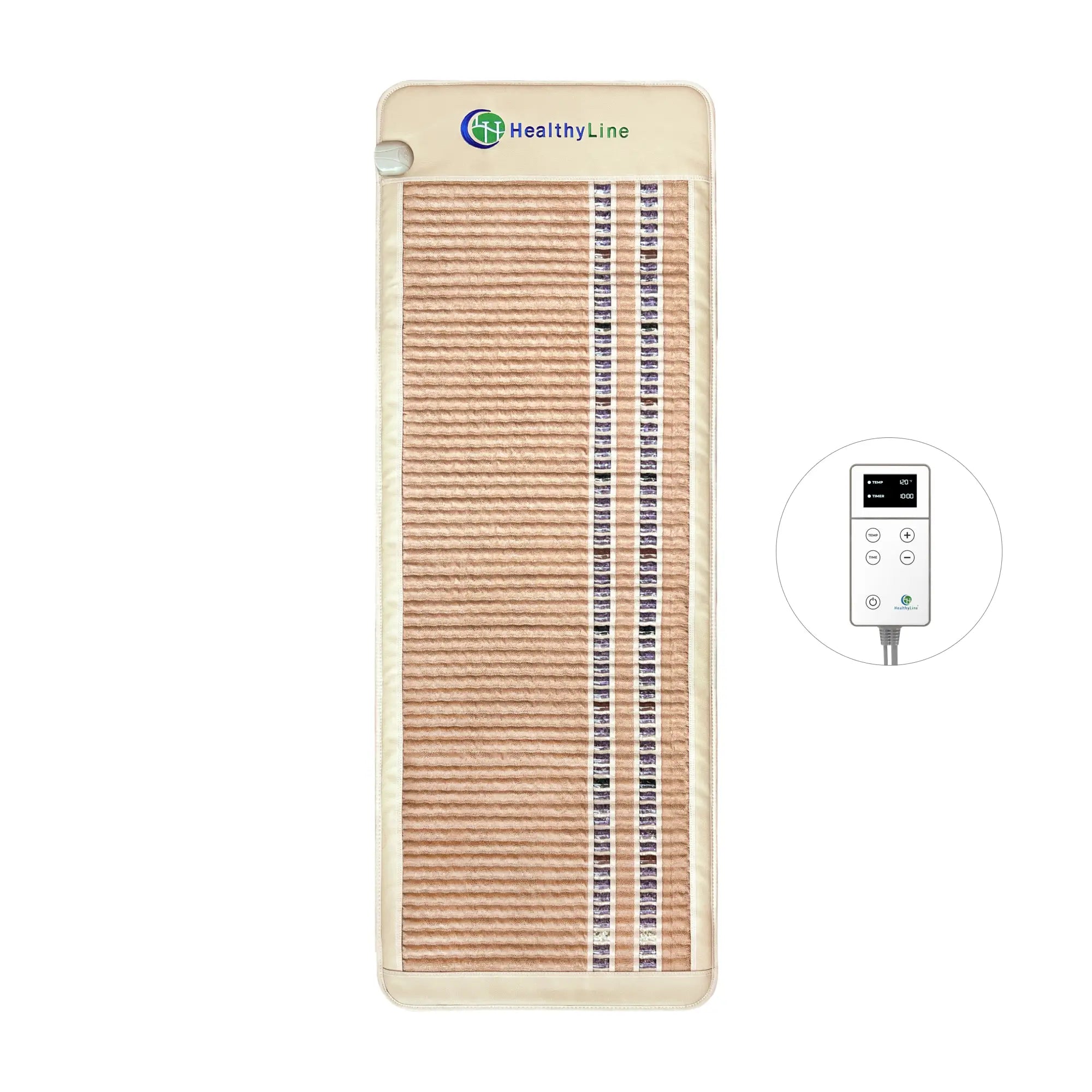 A rectangular beige SOFT Series Far Infrared Heating Mat by HealthyLine features a textured surface, two vertical rows of Amethyst Jade Tourmaline crystals, and comes with a digital remote control with buttons and a display screen.
