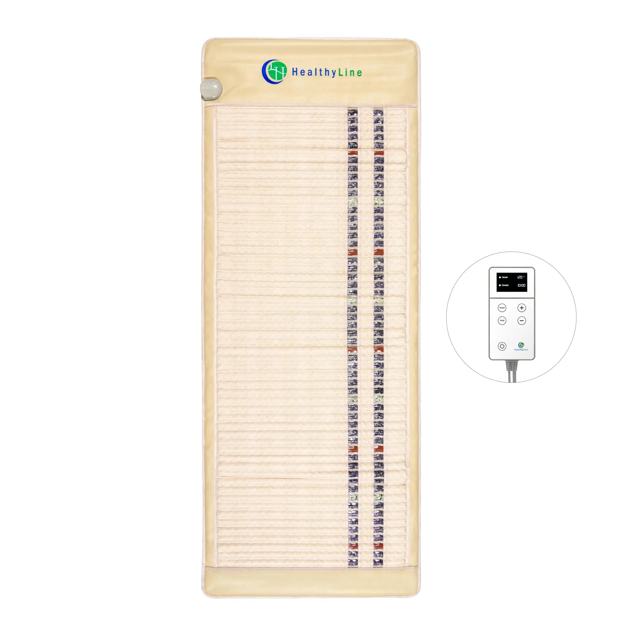 The HealthyLine SOFT Series Far Infrared Heating Mat is rectangular and beige, featuring rows of embedded Amethyst, Jade, and Tourmaline stones with an electronic remote control on the side.