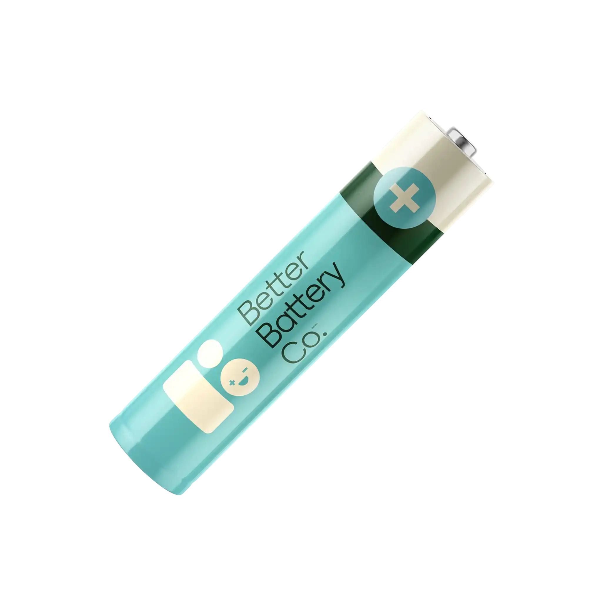 Image of a single cylindrical battery from the "AAA 40 Battery Pack" labeled "Better Battery Co." with a blue-green body and white top. The label features a smiley face icon and a plus symbol on the top. Positioned diagonally against a white background, this AAA alkaline battery boasts a 10-year shelf-life and is designed as a sustainable product.