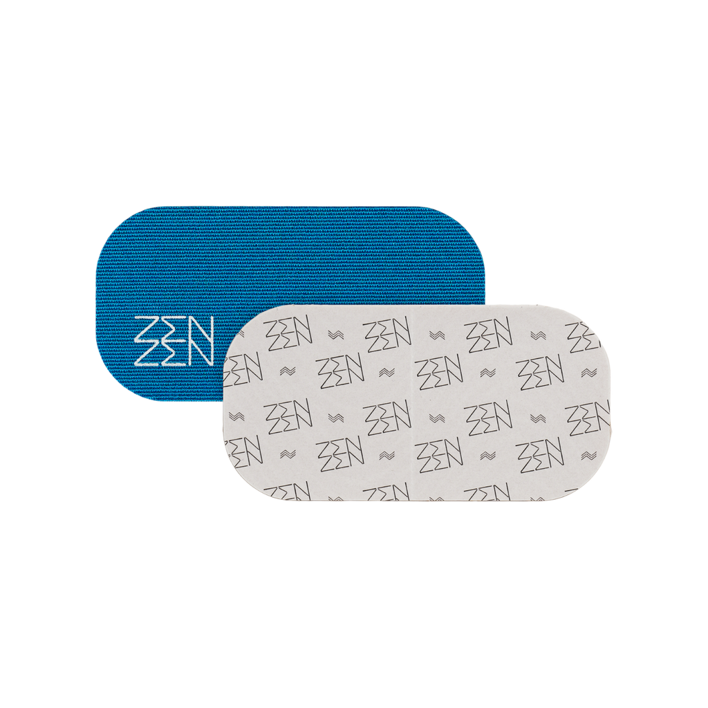 Two rectangular Pacific Breeze Mouthtape patches by Zenzentape: one blue with “ZEN” in white, the other white with a repeating black “ZEN” pattern. These stylish patches support nasal breathing to help stop snoring naturally.