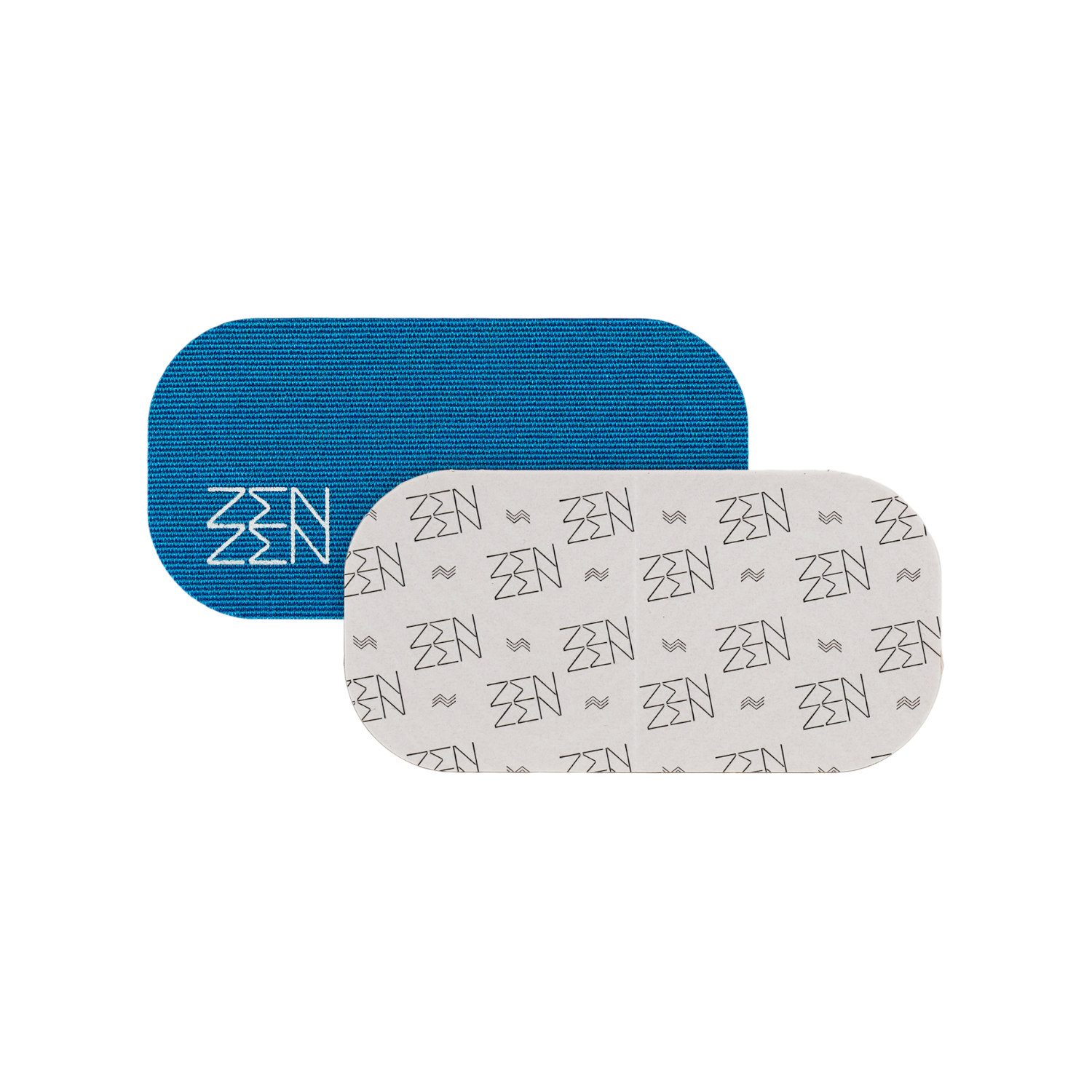 Two rectangular Pacific Breeze Mouthtape patches by Zenzentape: one blue with “ZEN” in white, the other white with a repeating black “ZEN” pattern. These stylish patches support nasal breathing to help stop snoring naturally.