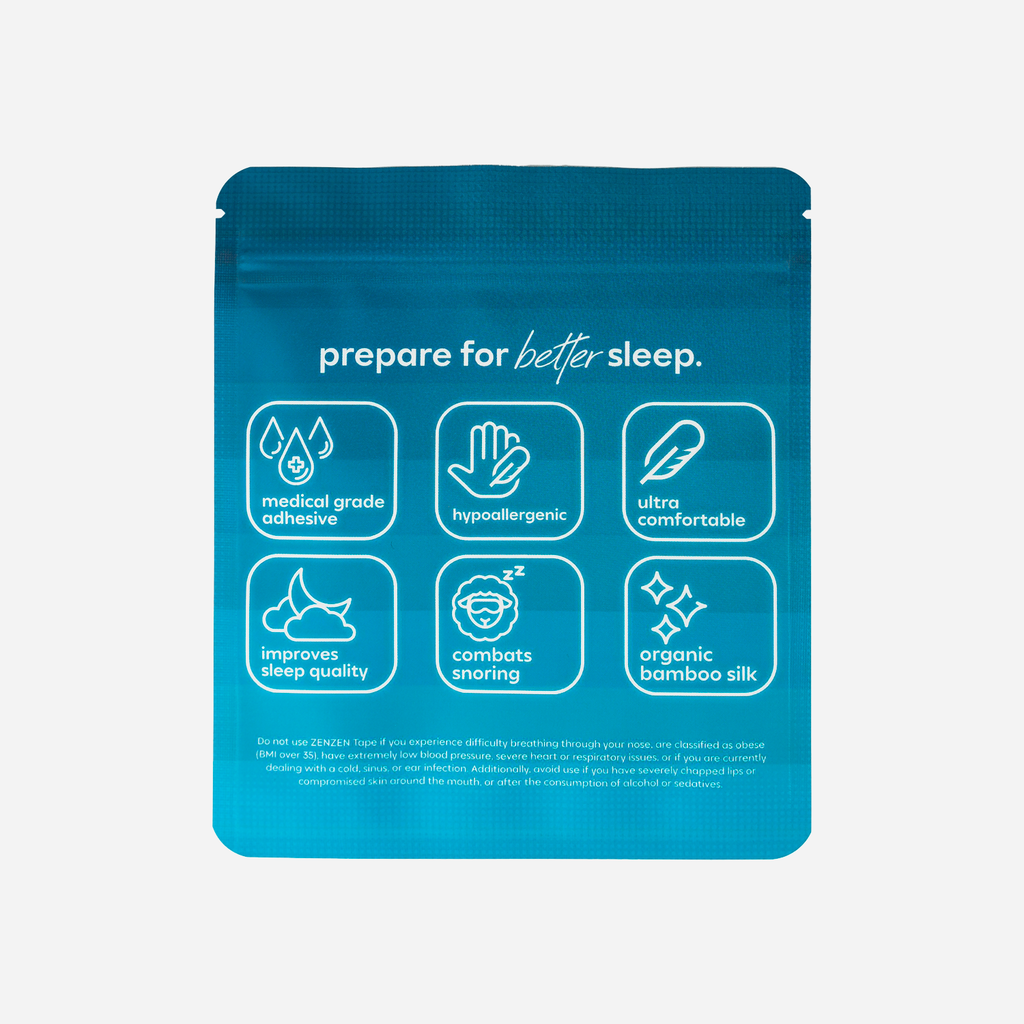 A blue packet labeled "prepare for better sleep" features Pacific Breeze Mouthtape by Zenzentape, highlighting medical grade adhesive, hypoallergenic, ultra comfort, improved sleep quality, snoring relief, and organic bamboo silk.