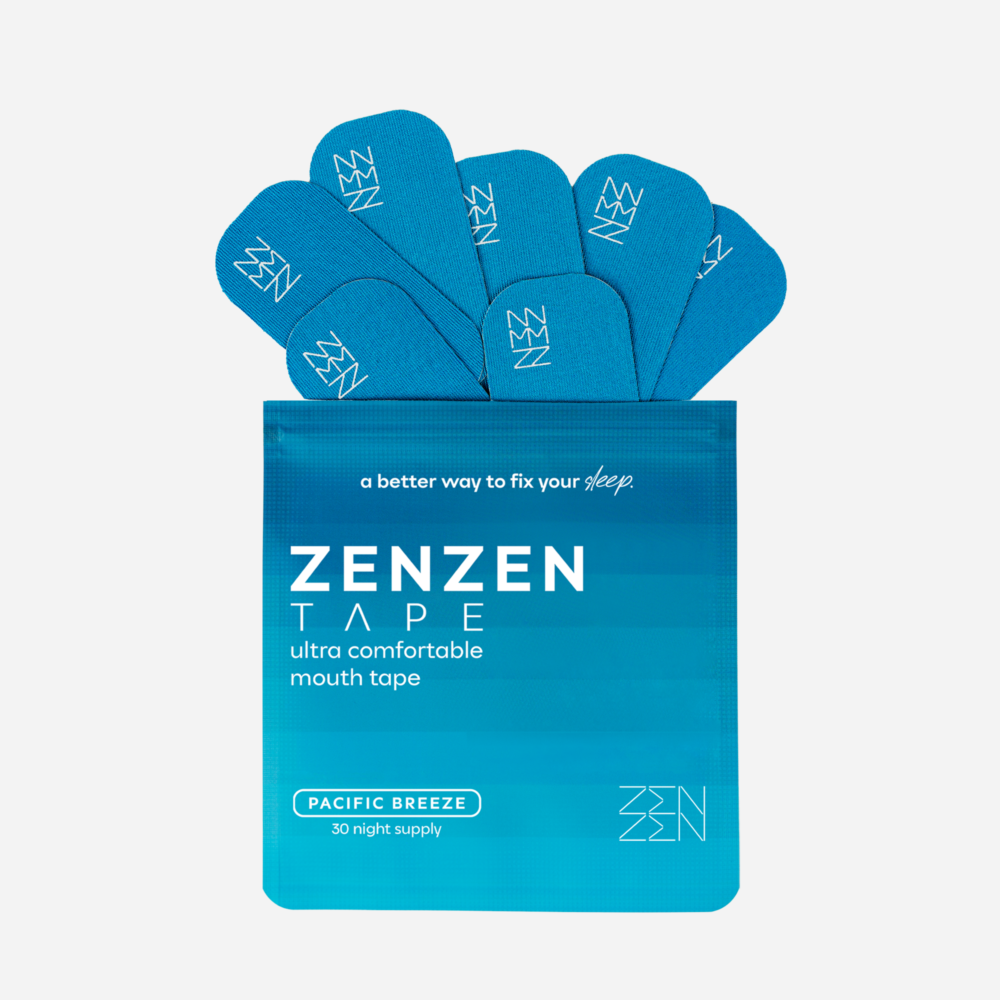 A blue resealable pouch labeled "Zenzentape Pacific Breeze Mouthtape" with 30 strips—made from organic bamboo silk—fanned out from the top.
