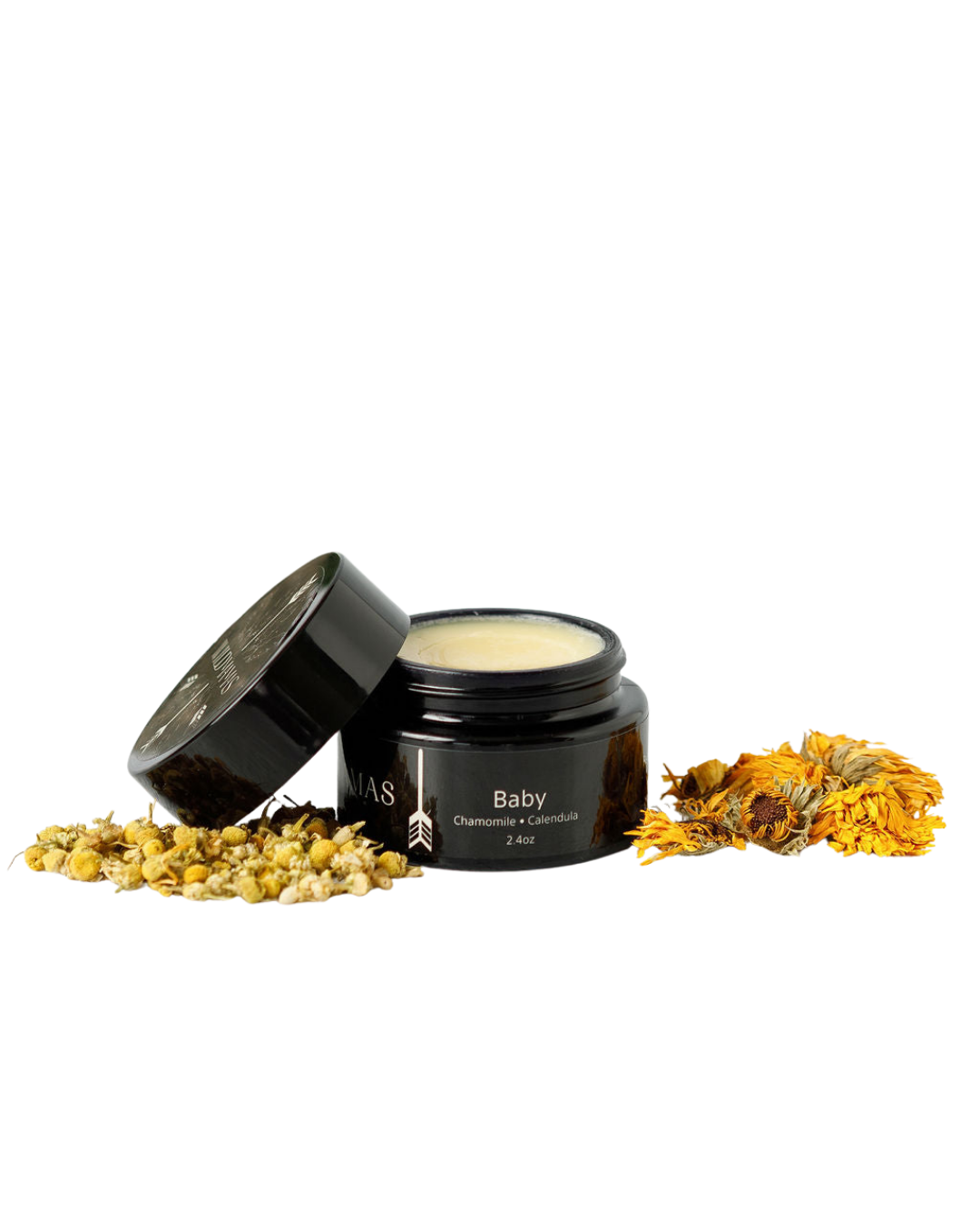 A small dark jar of Wild Mamas Baby- Wild Bison Tallow Balm (2 oz) with the lid resting nearby, surrounded by dried chamomile and calendula—gentle care for newborn skin on a white background.
