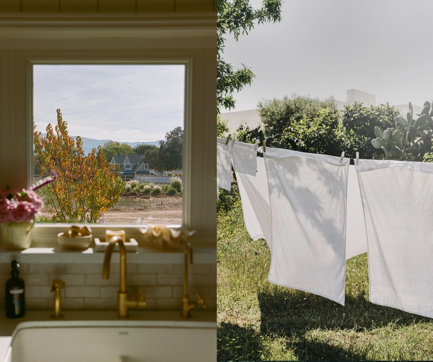 An image from the perspective inside the kitchen of an upscale rural home on the left, on the right is an image of white sheets hanging on a clothesline, blowing in the wind.