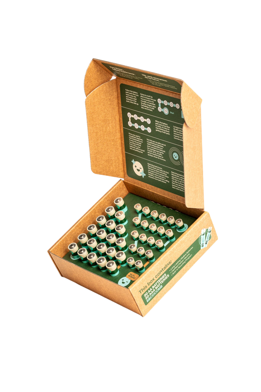 An open cardboard box showcases rows of small, alkaline AA and AAA batteries neatly arranged inside. The inside lid of the box is printed with instructions and information. The exterior displays visual elements and additional text about its recyclable packaging from Better Battery Co.'s AA, AAA Combo Battery Pack. The background is plain black.