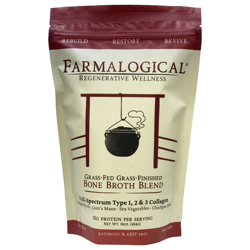 A beige and maroon bag labeled "Farmalogical® Bone Broth Protein — Grass-Fed Collagen, Organs & Lion's Mane" from Farmalogical features an illustration of a pot over a fire, with text highlighting its protein, collagen content, and wholesome ingredients. This nourishing blend combines grass-fed beef collagen with organ meats and Lion's Mane mushroom to support wholesome nutrition.