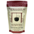 A beige and maroon bag labeled "Farmalogical® Bone Broth Protein — Grass-Fed Collagen, Organs & Lion's Mane" from Farmalogical features an illustration of a pot over a fire, with text highlighting its protein, collagen content, and wholesome ingredients. This nourishing blend combines grass-fed beef collagen with organ meats and Lion's Mane mushroom to support wholesome nutrition.