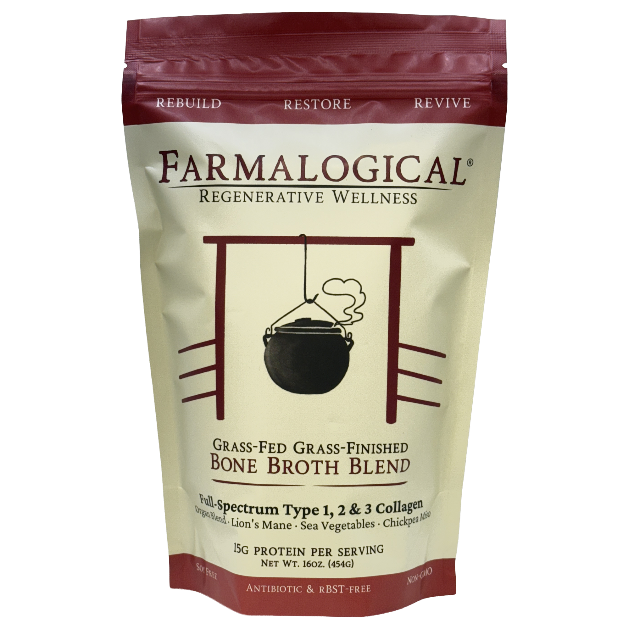 A beige and maroon bag labeled "Farmalogical® Bone Broth Protein — Grass-Fed Collagen, Organs & Lion's Mane" from Farmalogical features an illustration of a pot over a fire, with text highlighting its protein, collagen content, and wholesome ingredients. This nourishing blend combines grass-fed beef collagen with organ meats and Lion's Mane mushroom to support wholesome nutrition.