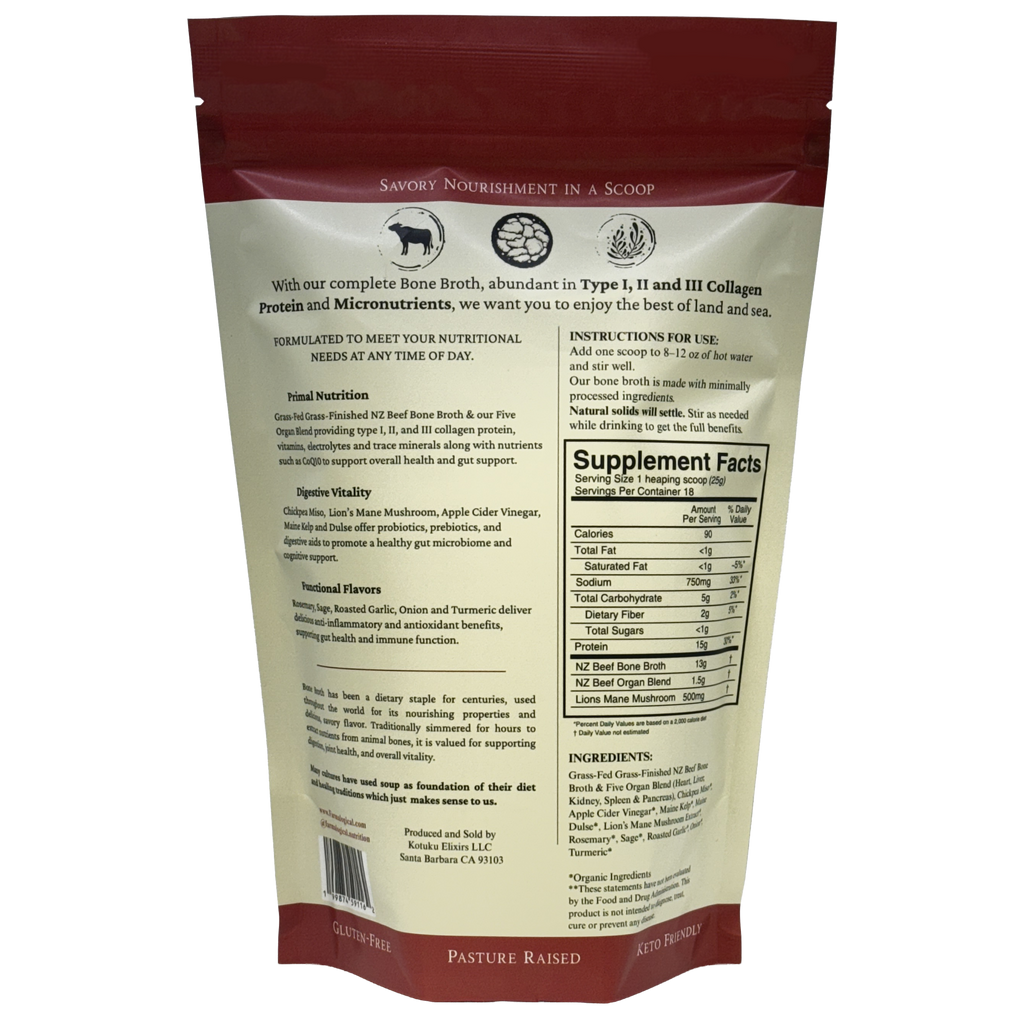 Back of a Farmalogical® Bone Broth Protein — Grass-Fed Collagen, Organs & Lion's Mane pouch, in red and beige, displays product details, supplement facts, ingredient list, usage directions, and Farmalogical branding. Icons and text emphasize that the product is gluten-free, pasture-raised, and keto-friendly. The packaging highlights its nourishing blend of bone broth protein featuring grass-fed beef collagen, organs, and lion’s mane mushroom to support your wellness routine.