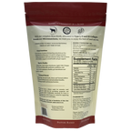 Back of a Farmalogical® Bone Broth Protein — Grass-Fed Collagen, Organs & Lion's Mane pouch, in red and beige, displays product details, supplement facts, ingredient list, usage directions, and Farmalogical branding. Icons and text emphasize that the product is gluten-free, pasture-raised, and keto-friendly. The packaging highlights its nourishing blend of bone broth protein featuring grass-fed beef collagen, organs, and lion’s mane mushroom to support your wellness routine.