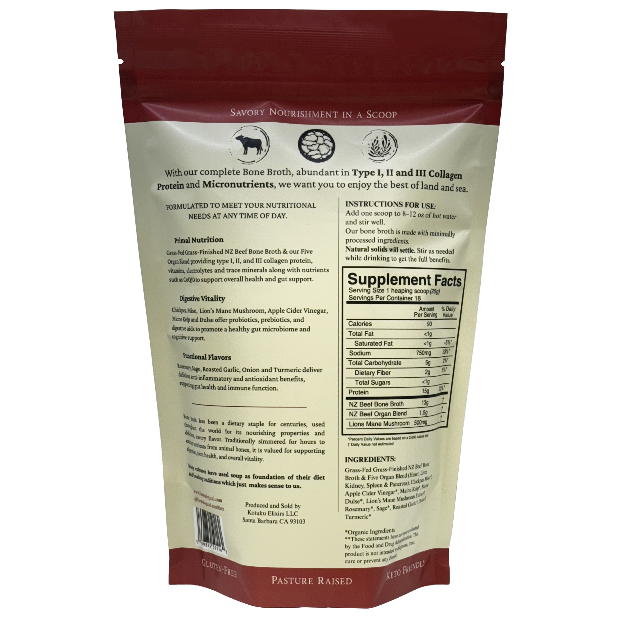 Back of a Farmalogical® Bone Broth Protein — Grass-Fed Collagen, Organs & Lion's Mane pouch, in red and beige, displays product details, supplement facts, ingredient list, usage directions, and Farmalogical branding. Icons and text emphasize that the product is gluten-free, pasture-raised, and keto-friendly. The packaging highlights its nourishing blend of bone broth protein featuring grass-fed beef collagen, organs, and lion’s mane mushroom to support your wellness routine.