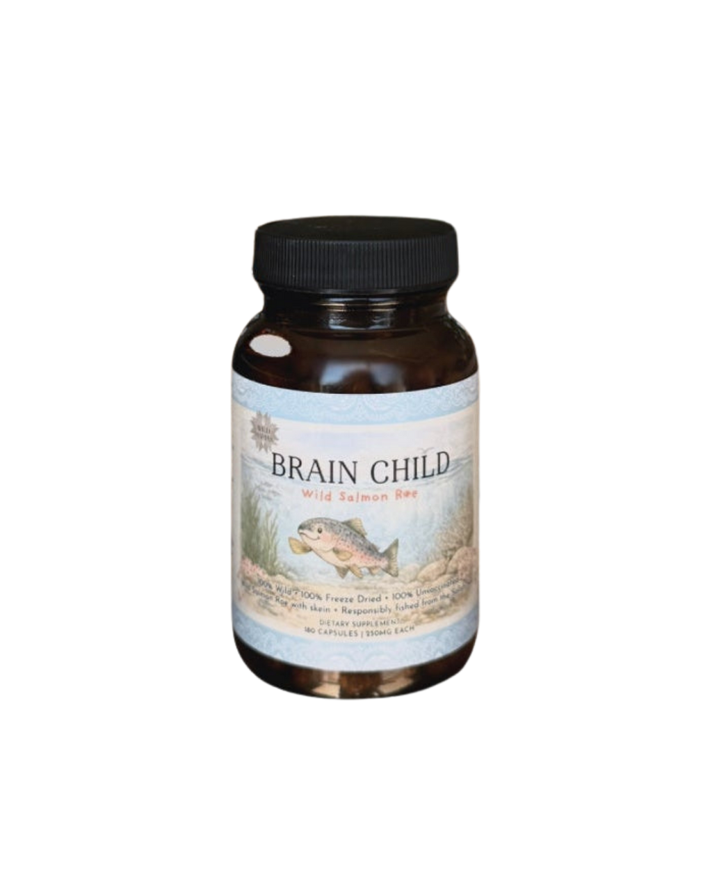 A dark brown bottle labeled "Brain Child" by Wild Mamas, with a fish and underwater plants design. The black cap contains capsules rich in phospholipid-bound DHA and EPA to support children's brain development.