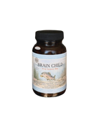 A dark brown bottle labeled "Brain Child" by Wild Mamas, with a fish and underwater plants design. The black cap contains capsules rich in phospholipid-bound DHA and EPA to support children's brain development.