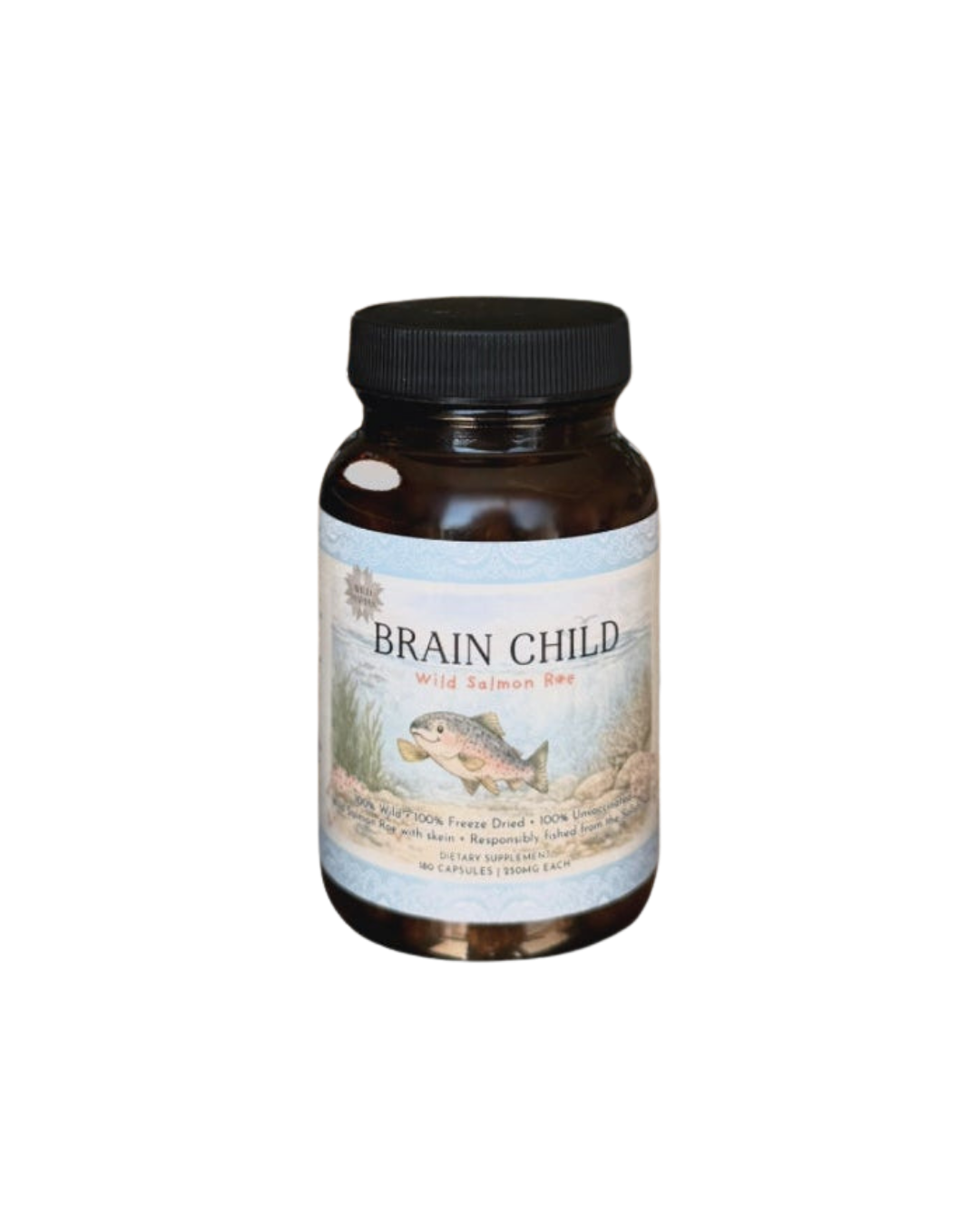 A dark brown bottle labeled "Brain Child" by Wild Mamas, with a fish and underwater plants design. The black cap contains capsules rich in phospholipid-bound DHA and EPA to support children's brain development.