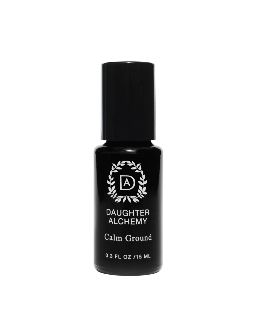 A 0.3 fl oz (15 ml) bottle of Daughter Alchemy’s Calm Ground® Botanical Calming Oil, with a black cap and a circular leaf design around "DA," crafted to help support anxiety relief.