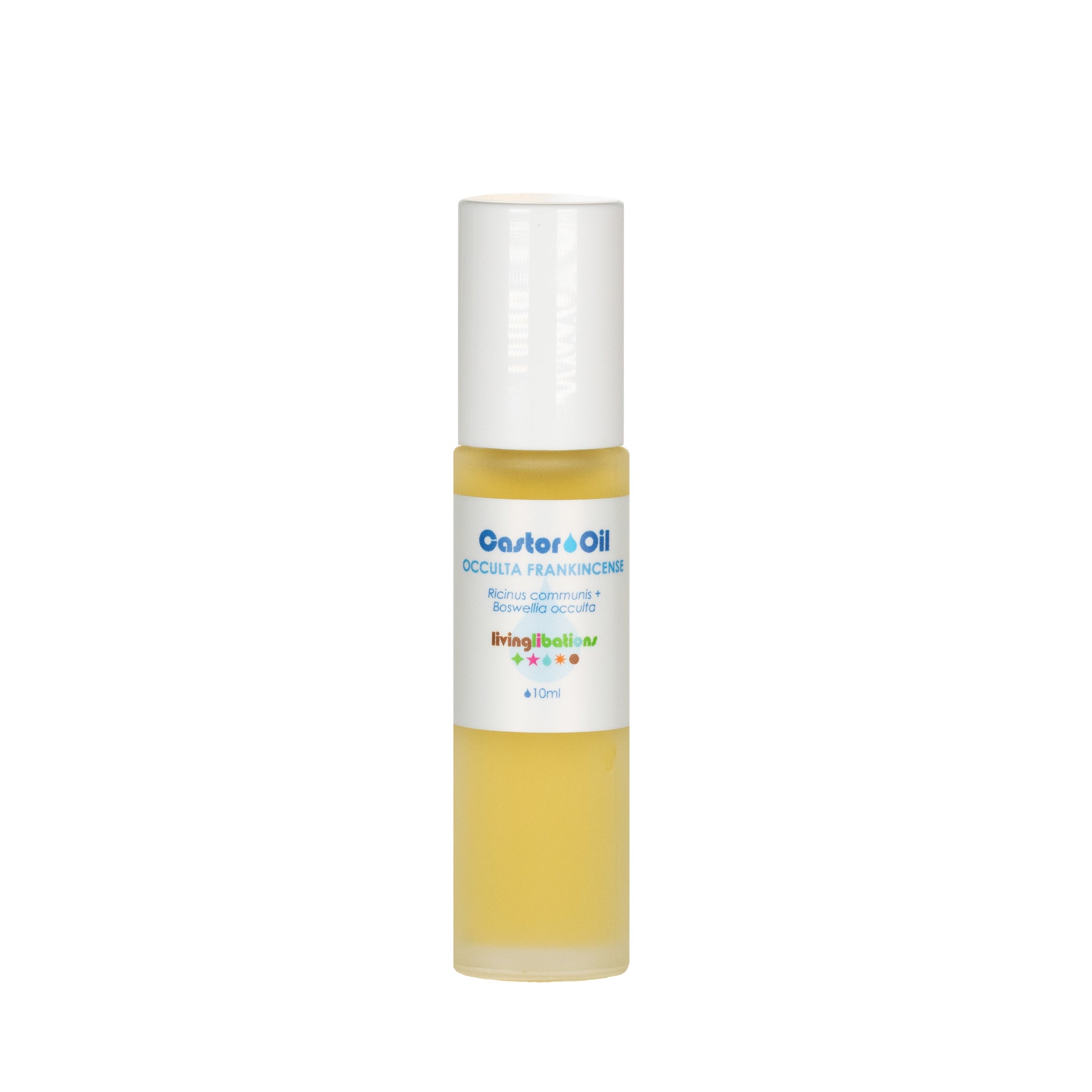 The 10ml bottle of Living Libations' Castor Oil + Occulta Frankincense, rich in ricinoleic acids for skin conditioning, features a white cap and clear body that reveals the yellowish oil. The label highlights its organic ingredients and product name.