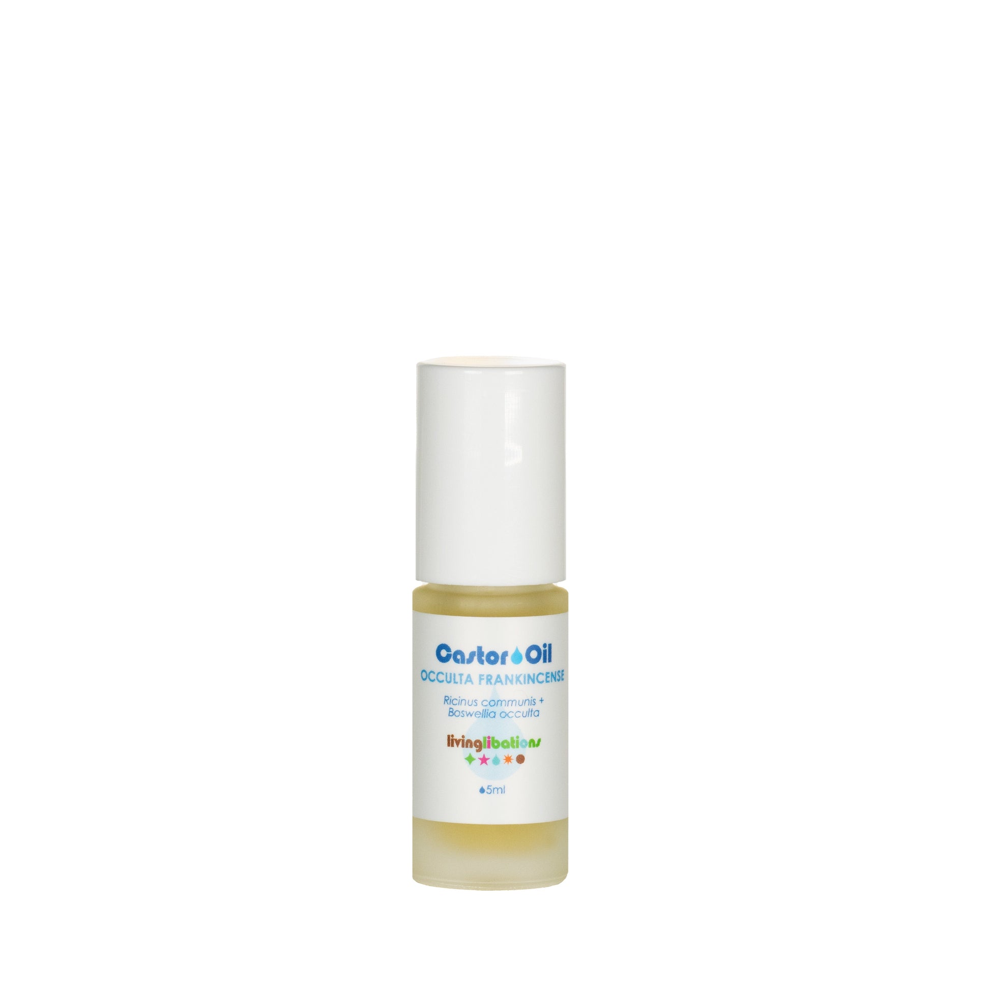 A 15ml bottle of "Castor Oil + Occulta Frankincense" by Living Libations features a white cap and skin-conditioning fatty acids, ideal for personal care or beauty use.