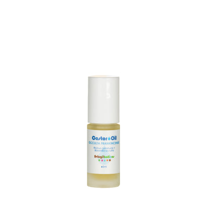A 15ml bottle of "Castor Oil + Occulta Frankincense" by Living Libations features a white cap and skin-conditioning fatty acids, ideal for personal care or beauty use.