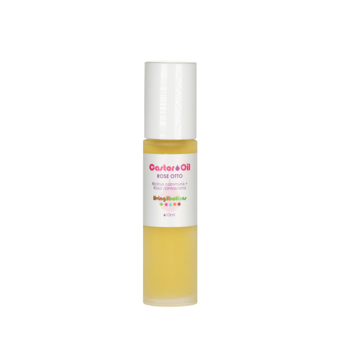 A small bottle of Castor Oil + Rose Otto by Living Libations is shown. The cylindrical bottle with a white cap contains yellow liquid rich in ricinoleic acids. The vibrant red and green text on the label makes it eye-catching and nourishing.