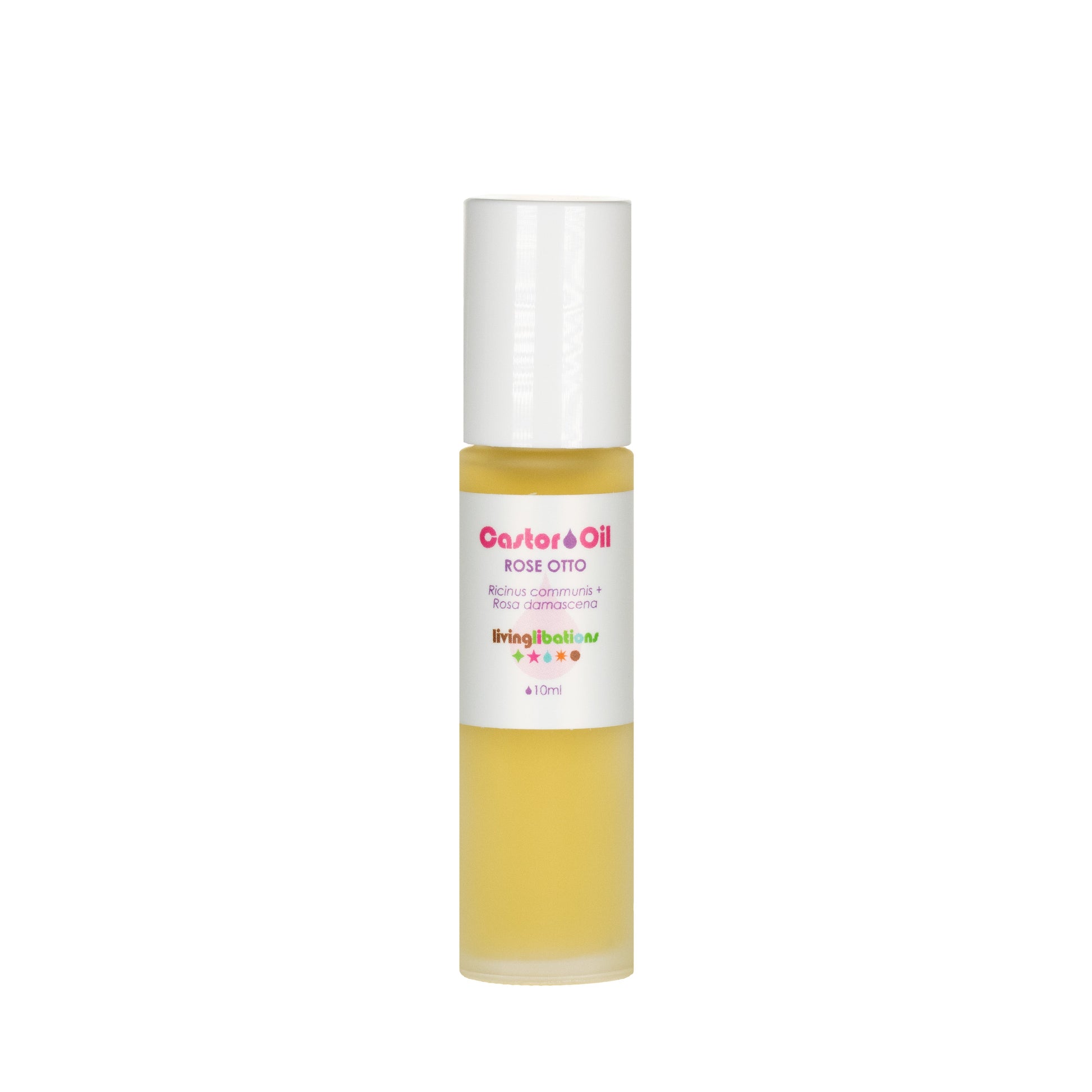 A small bottle of Castor Oil + Rose Otto by Living Libations is shown. The cylindrical bottle with a white cap contains yellow liquid rich in ricinoleic acids. The vibrant red and green text on the label makes it eye-catching and nourishing.