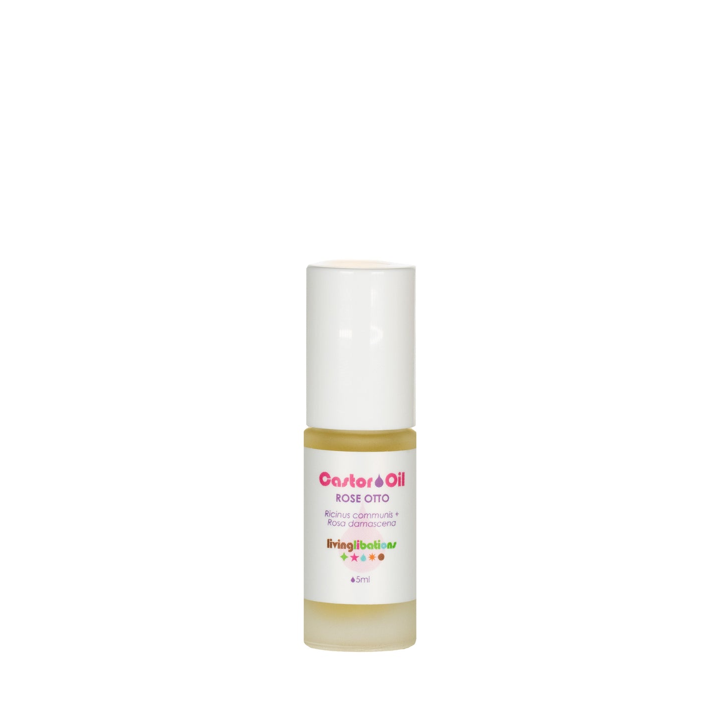A 15 ml bottle of Living Libations' Castor Oil + Rose Otto, featuring a white cap and label with text emphasizing its rich ricinoleic acids, is displayed simply against a plain white background.