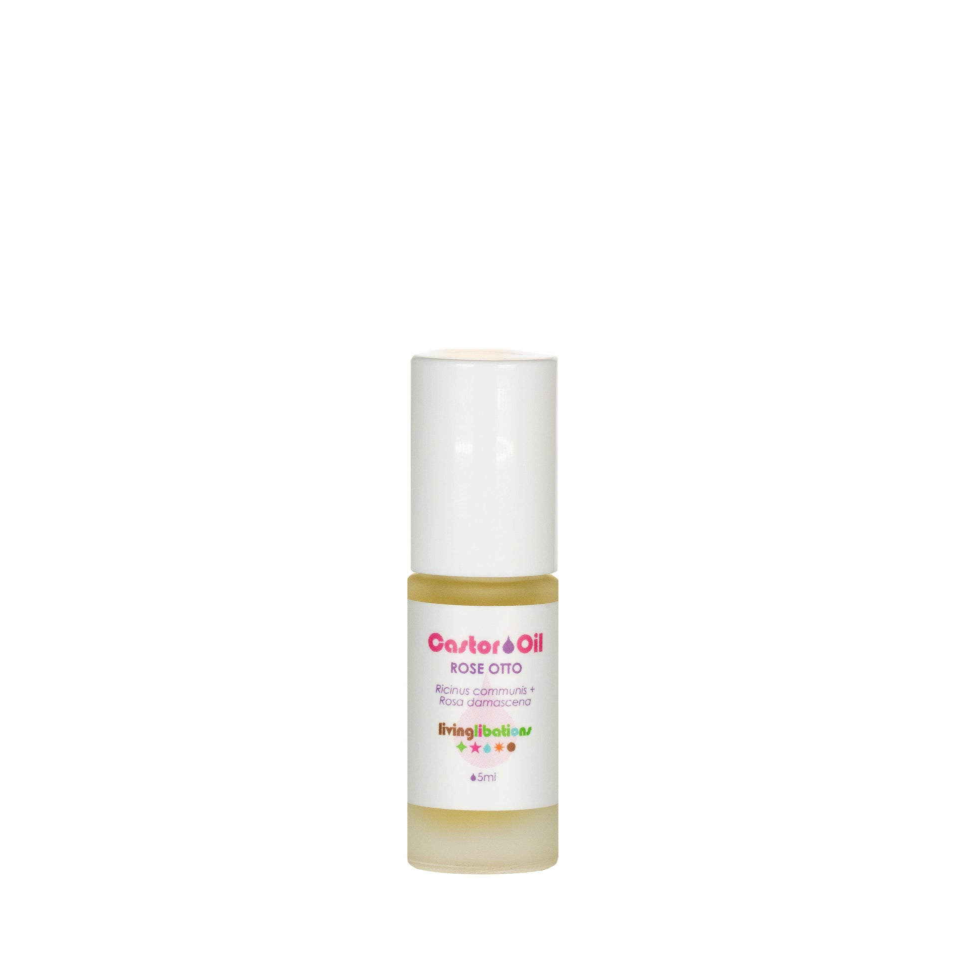 A 15 ml bottle of Living Libations' Castor Oil + Rose Otto, featuring a white cap and label with text emphasizing its rich ricinoleic acids, is displayed simply against a plain white background.