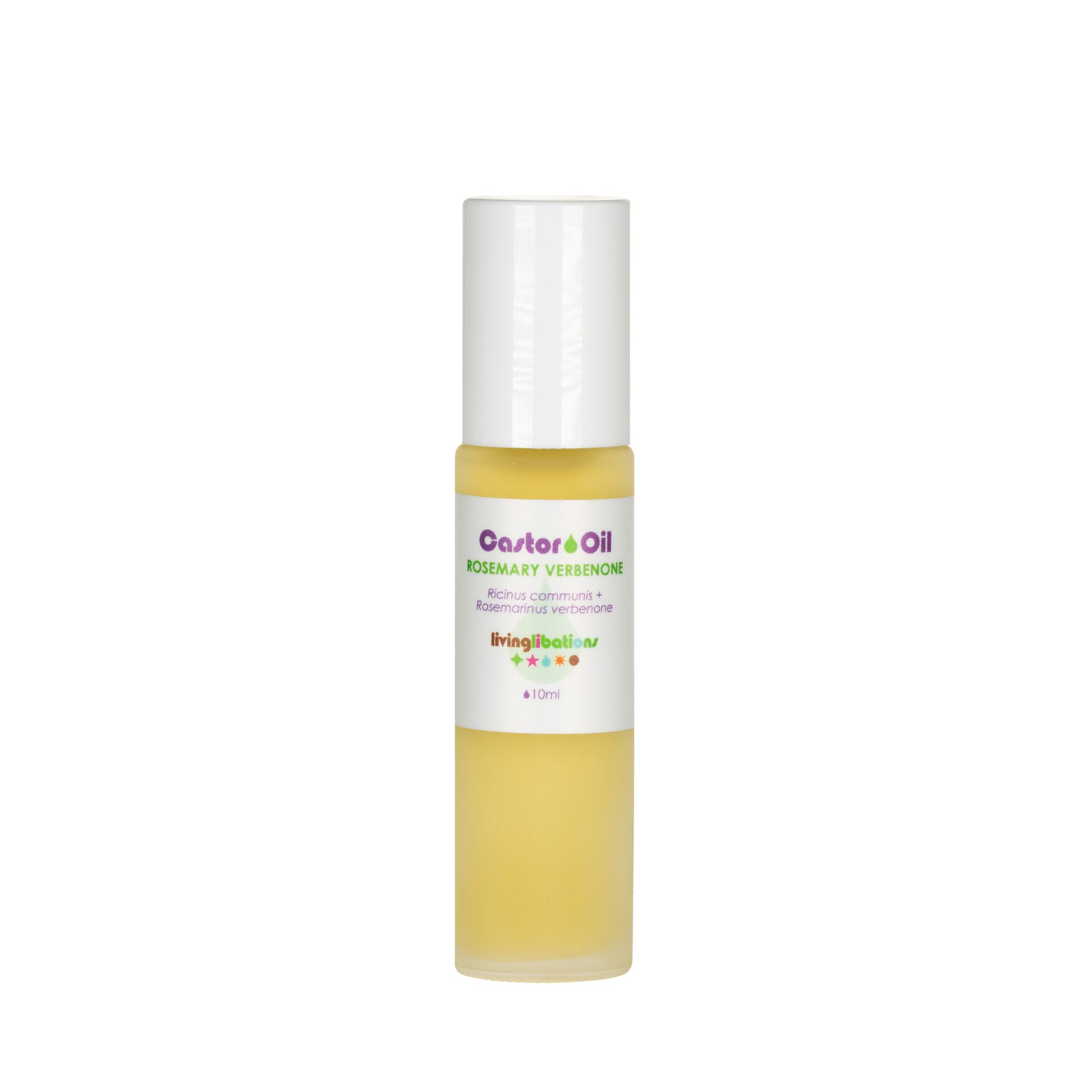 A 10 ml small, transparent bottle of "Castor Oil + Rosemary Verbenone" from Living Libations boasts ricinoleic acids for various skin conditions. It has a white cap and features colorful text on the label.